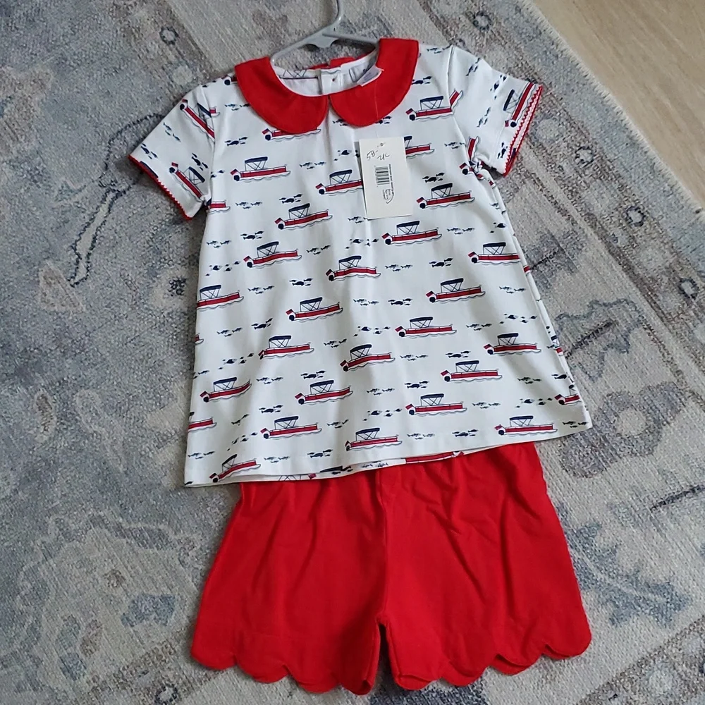NWT Ishtex Girls Coastal Nautical Boat Matching Set Outfit Red White Blue Sz4/4T